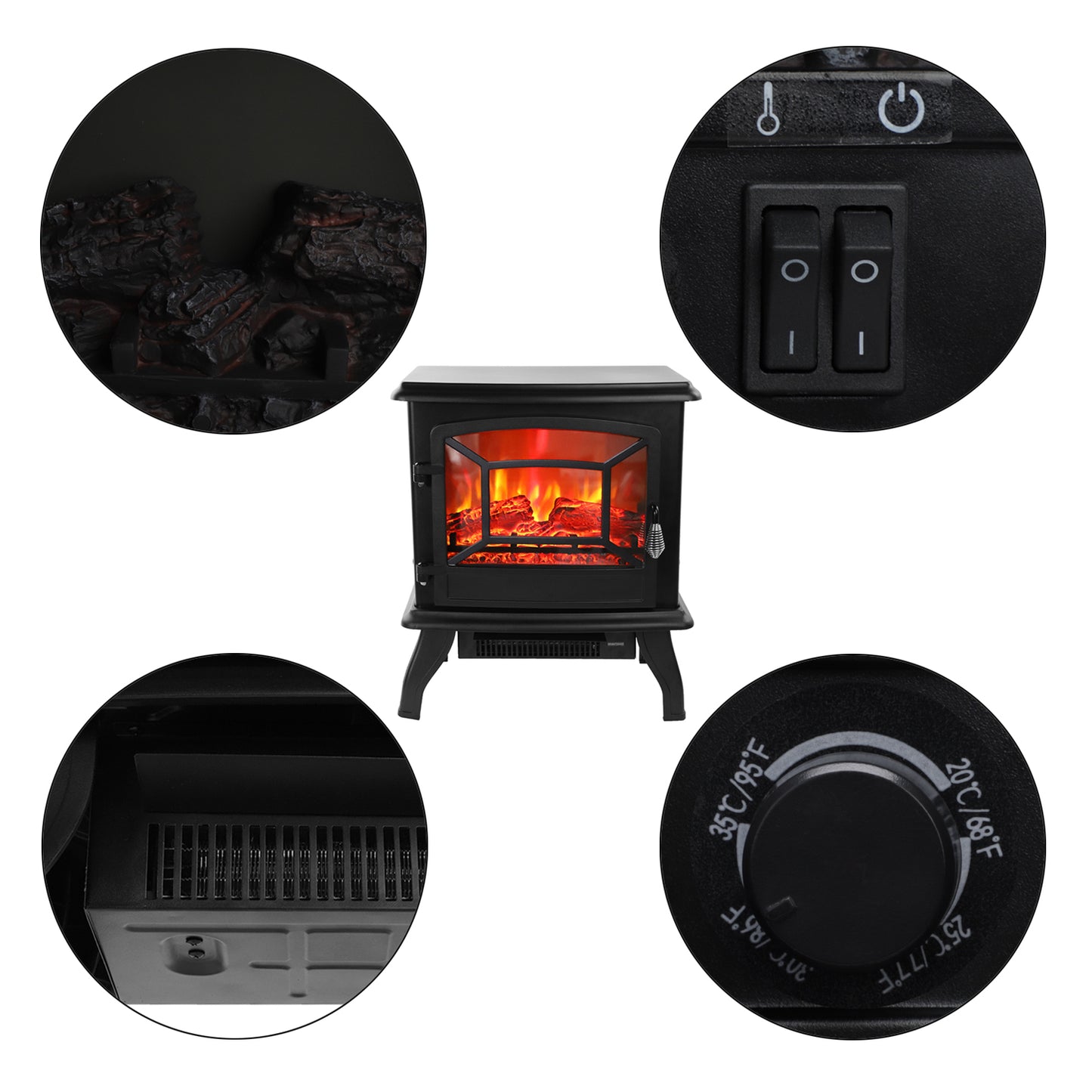 HydroHealth Electric Fireplace Heater, 1400W Freestanding Fireplace, Electric Wood Stove with 3D Flame Effect, Portable Space Heater with Heating Mode & Overheat Protection for Bedroom Office